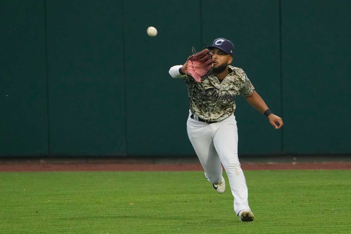 Jun 28, 2023; Columbus, Ohio, USA; Columbus Clippers right fielder George Valera (13) catches a ball during the MiLB baseball game against the Toledo Mud Hens at Huntington Park.